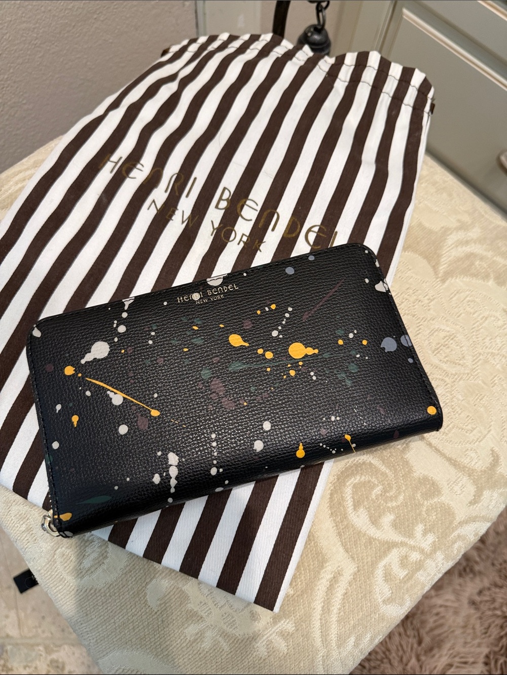 henri bendel Black Paint-Splatter Zip Wallet with Yellow and White Accents